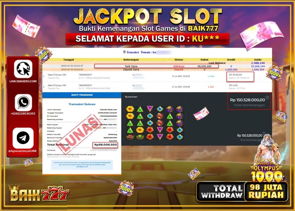 BAIK777 JACKPOT SLOT GATES OF OLYMPUSS 1000 Rp.98.000.000.,- LUNAS