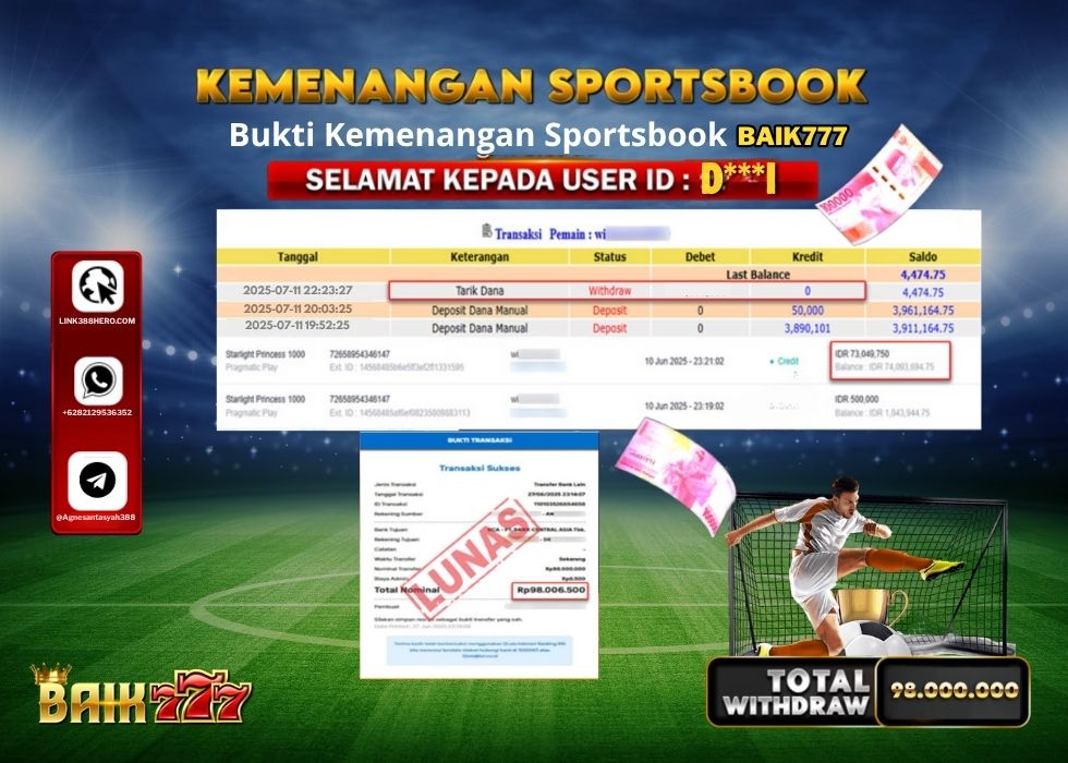 BAIK777 KEMENANGAN SPORTSBOOK Rp.98.000.000.,- LUNAS