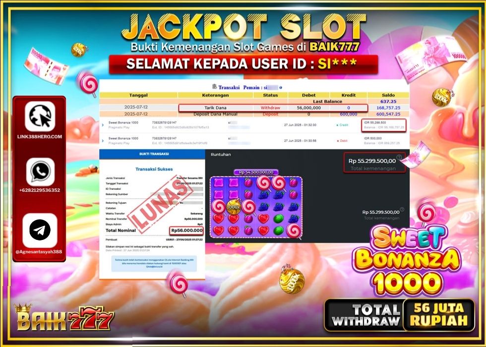 BAIK777 JACKPOT SLOT SWEET BONANZA 1000 Rp.56.000.000.,- LUNAS