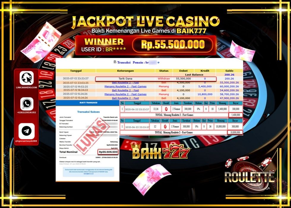 BAIK777 JACKPOT LIVE GAMES ROULETTE 2 GAMES Rp.55.500.000.,- LUNAS