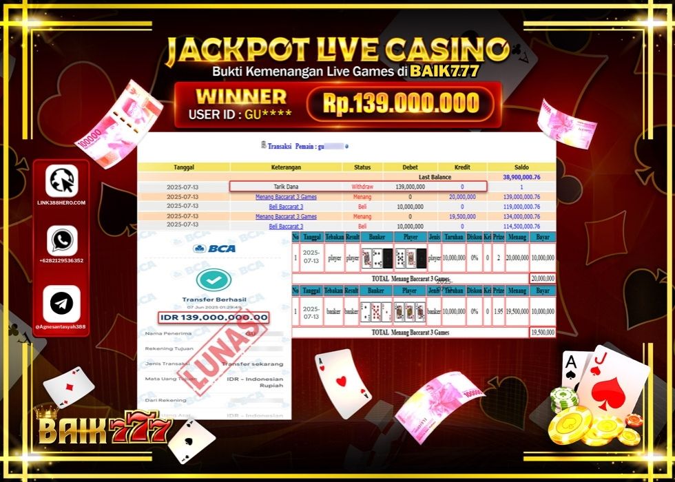 BAIK777 JACKPOT LIVE GAMES BACCARAT 3 GAMES Rp.139.000.000.,- LUNAS