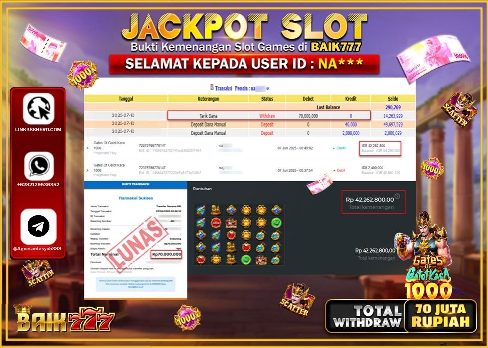 BAIK777 JACKPOT SLOT GATES OF GATOT KACA 1000 Rp.70.000.000.,- LUNAS
