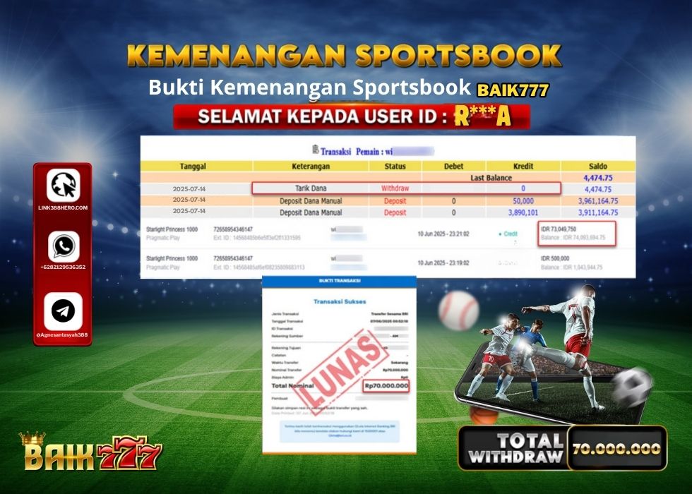 BAIK777 KEMENANGAN SPORTSBOOK Rp.70.000.000.,- LUNAS