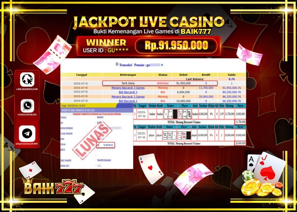 BAIK777 JACKPOT LIVE GAMES BACCARAT 3 GAMES Rp.91.950.000.,- LUNAS