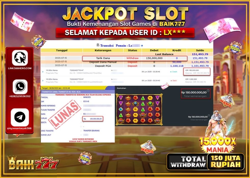 BAIK777 JACKPOT SLOT 15000x MANIA Rp.150.000.000.,- LUNAS