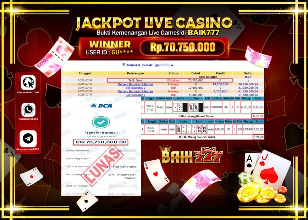 BAIK777 JACKPOT LIVE GAMES BACCARAT 2 GAMES Rp.70.750.000.,- LUNAS