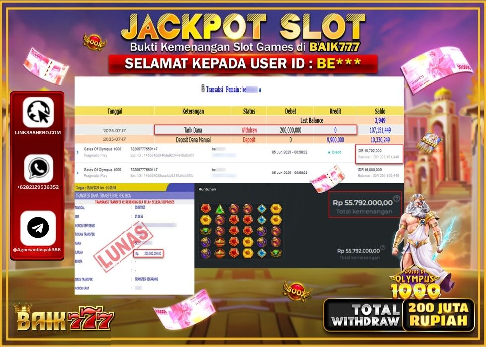 BAIK777 JACKPOT SLOT GATES OF OLYMPUS 1000 Rp.200.000.000.,- LUNAS