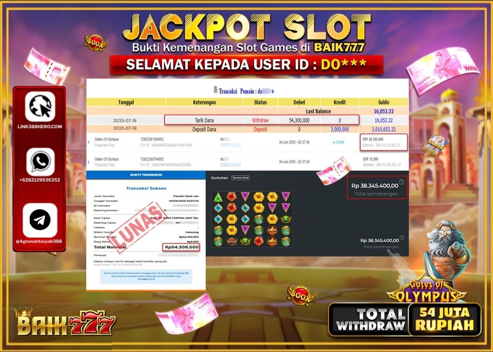 BAIK777 JACKPOT SLOT GATES OF OLYMPUS Rp.54.300.000.,- LUNAS