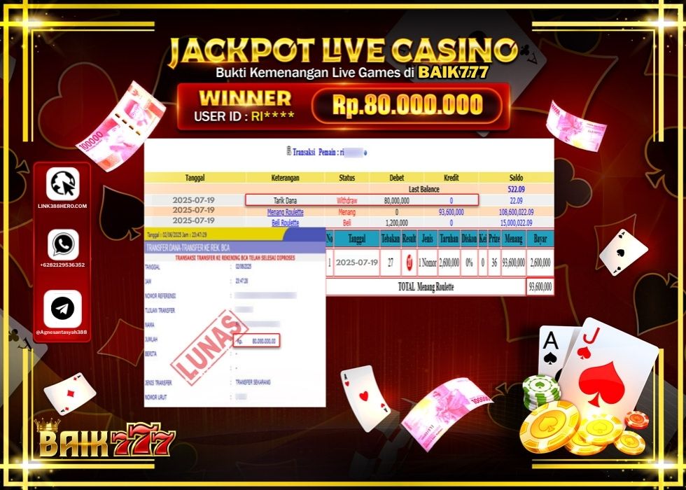 BAIK777 JACKPOT LIVE GAMES ROULETTE GAMES Rp.80.000.000.,- LUNAS