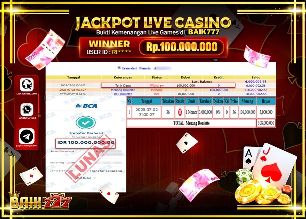 BAIK777 JACKPOT LIVE GAMES ROULETTE Rp.100.000.000.,- LUNAS