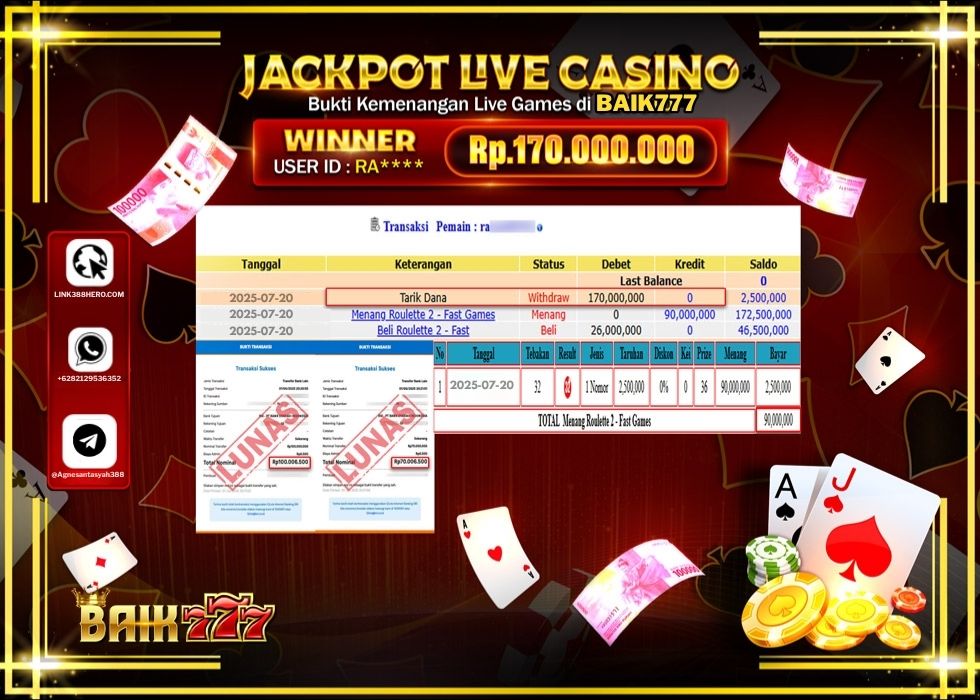 BAIK777 JACKPOT LIVE GAMES ROULETTE 2 -FAST GAMES Rp.170.000.000.,- LUNAS
