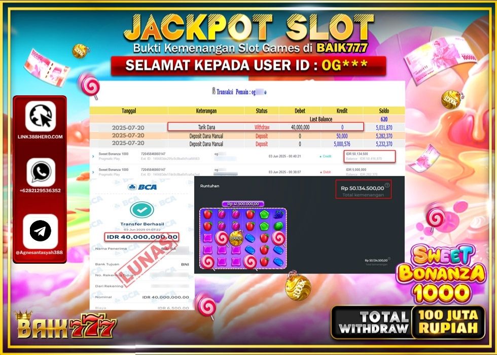 BAIK777 JACKPOT SLOT SWEET BONANZA 1000 Rp.40.000.000.,- LUNAS
