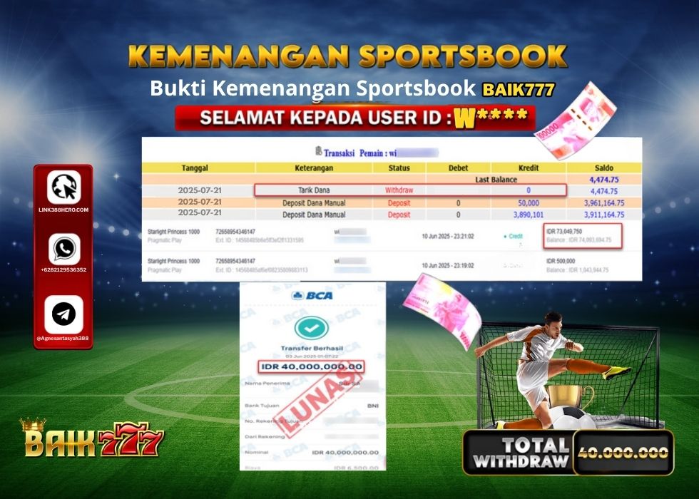 BAIK777 KEMENANGAN SPORTSBOOK Rp.40.000.000.,- LUNAS
