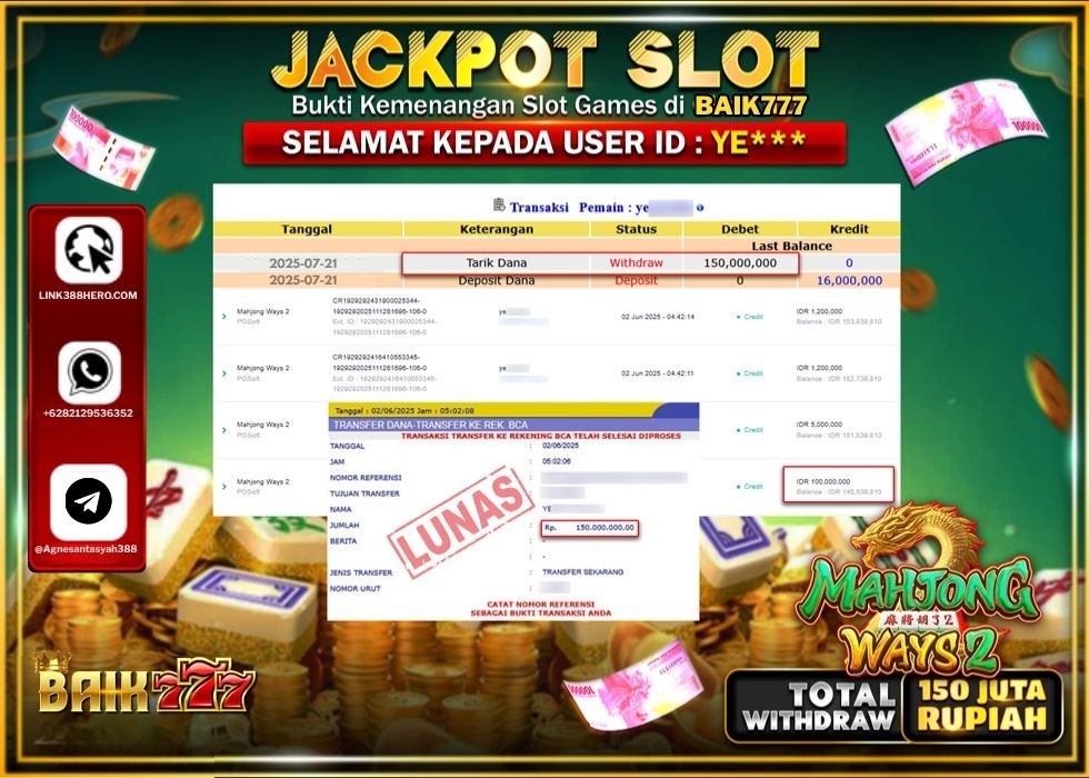 BAIK777 JACKPOT SLOT MAHJONG WAYS 2 Rp.150.000.000.,- LUNAS