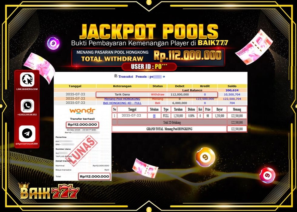 BAIK777 JACKPOT TOGEL PASARAN POOL HONGKONG Rp.112.000.000.,- LUNAS
