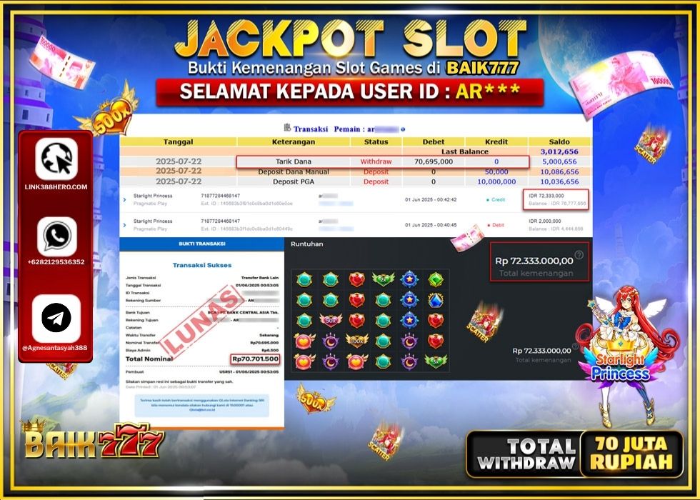 BAIK777 JACKPOT SLOT STARLIGHT PRINCESS Rp.70.695.000.,- LUNAS