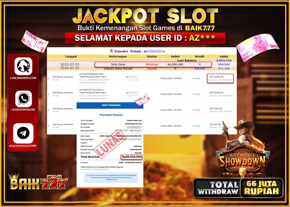 BAIK777 JACKPOT SLOT WILD BOUTY SHOWDOWN Rp.66.000.000 .,- LUNAS