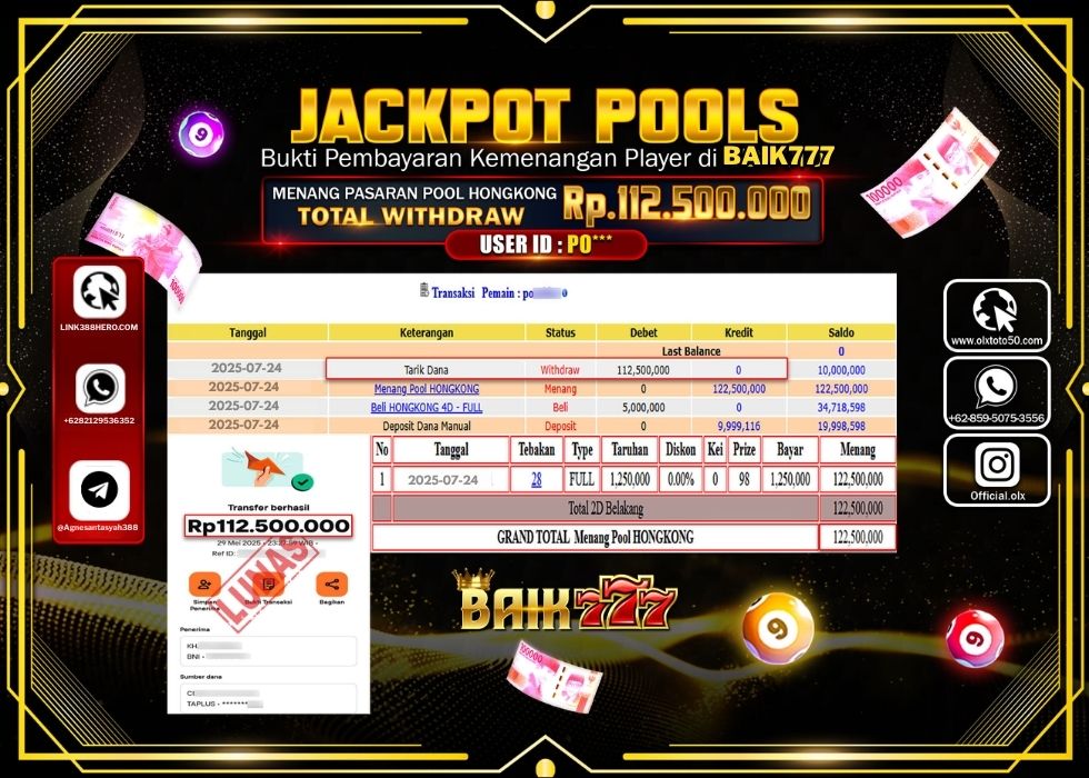 BAIK777 JACKPOT TOGEL PASARAN POOL HONGKONG Rp.112.500.000.,- LUNAS