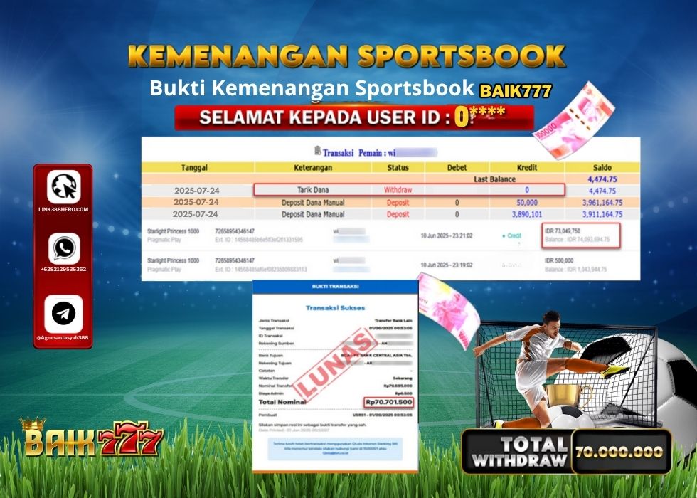 BAIK777 KEMENANGAN SPORTSBOOK Rp.70.000.000.,- LUNAS