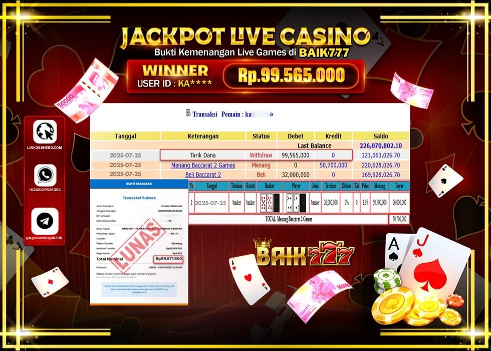 BAIK777 JACKPOT LIVE GAMES BACCARAT 2 GAME Rp.99.565.000.,- LUNAS