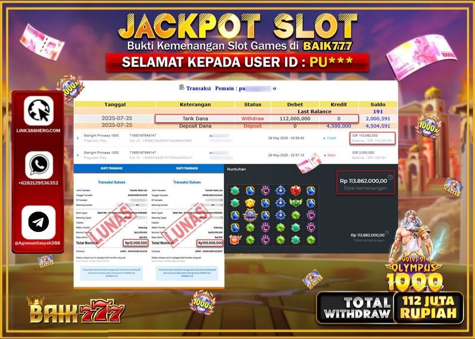 BAIK777 JACKPOT SLOT PRAMATIC GATES OF OLYMPUS 1000 Rp.112.000.000.,- LUNAS
