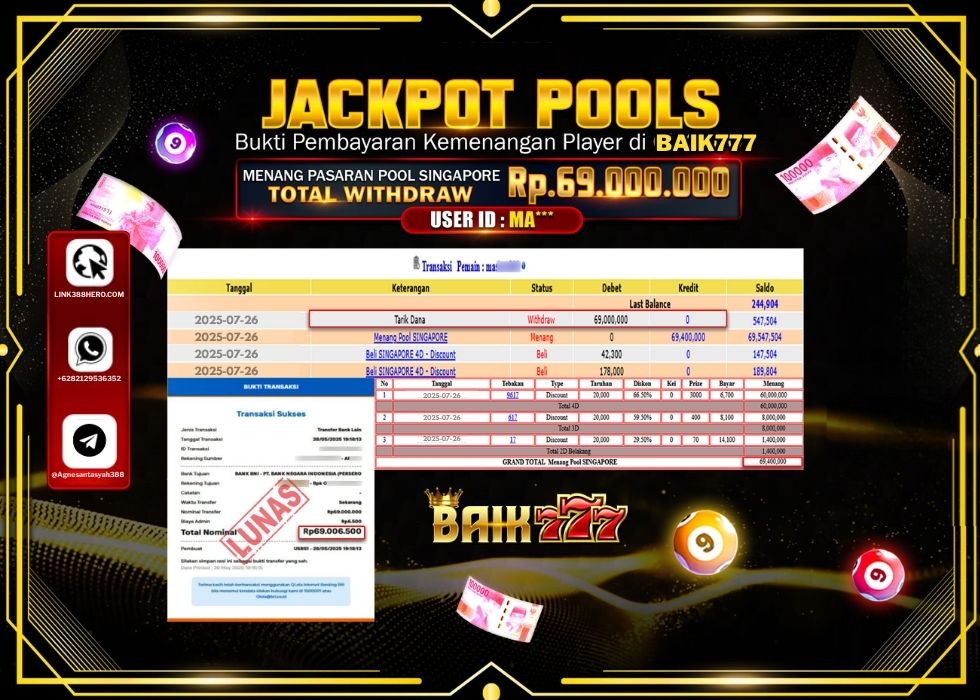 BAIK777 JACKPOT TOGEL PASARAN POOL SINGAPORE Rp.69.000.000.,- LUNAS