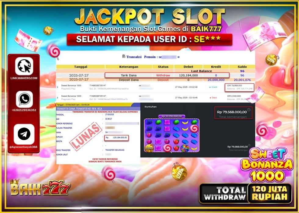 BAIK777 JACKPOT SLOT PRAMATIC BONANZA 1000 Rp.120.184.000.,- LUNAS
