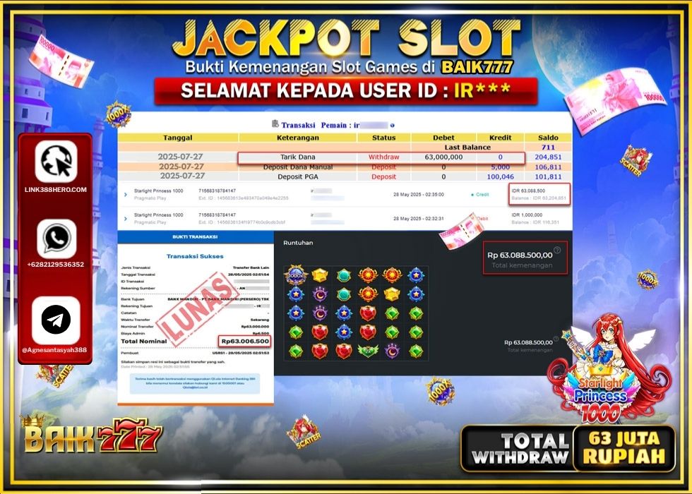 BAIK777 JACKPOT SLOT PRAMATIC STARLIGHT PRINCES 1000 Rp.63.000.000.,- LUNAS