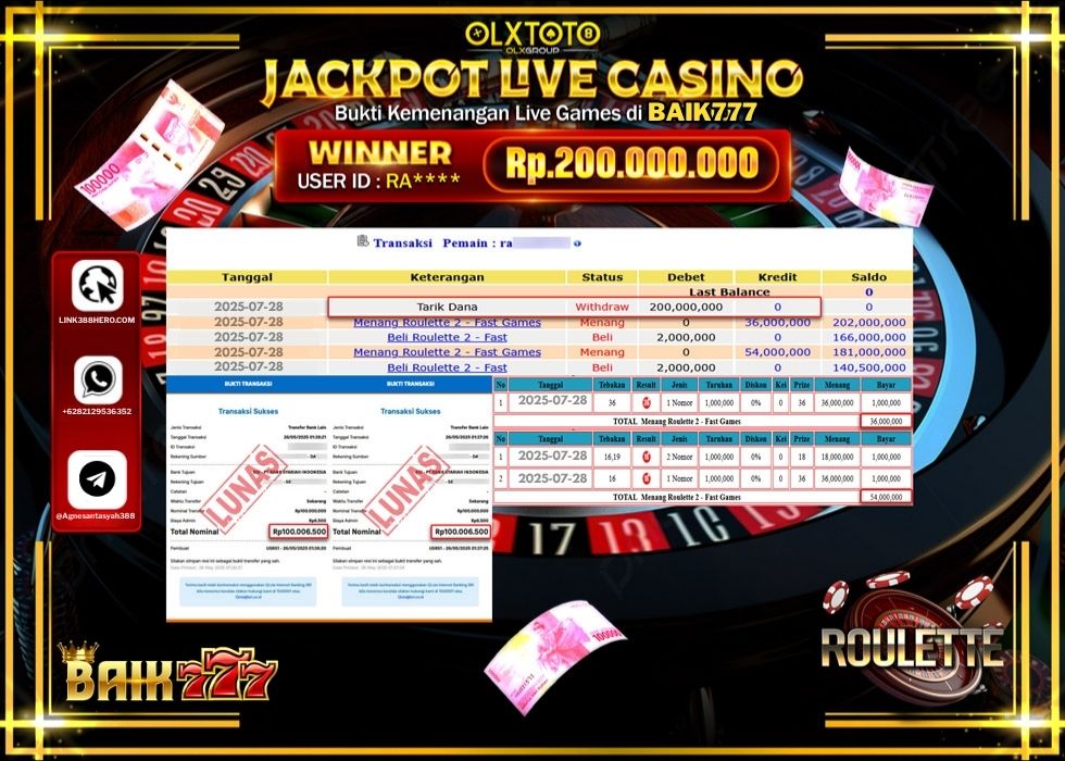 BAIK777 JACKPOT LIVE GAMES ROULETTE Rp.200.000.000.,- LUNAS