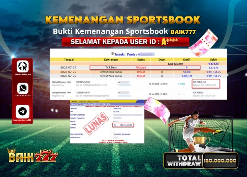 BAIK777 KEMENANGAN SPORTSBOOK Rp.150.000.000.,- LUNAS