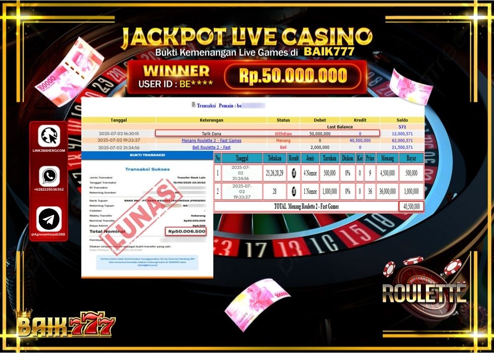 BAIK777 JACKPOT LIVE GAMES ROULETE 2 - FAST GAMES Rp.50.000.000.,- LUNAS