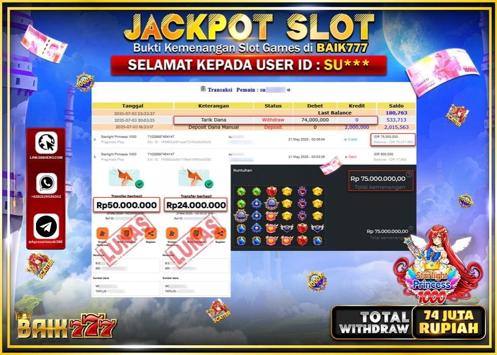 BAIK777 JACKPOT SLOT STARLIGHT PRINCESS 1000 Rp.74.000.000.,- LUNAS