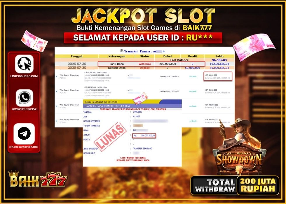 BAIK777 JACKPOT SLOT WILD BOUNTY SHOWDOWN Rp.200.000.000.,- LUNAS
