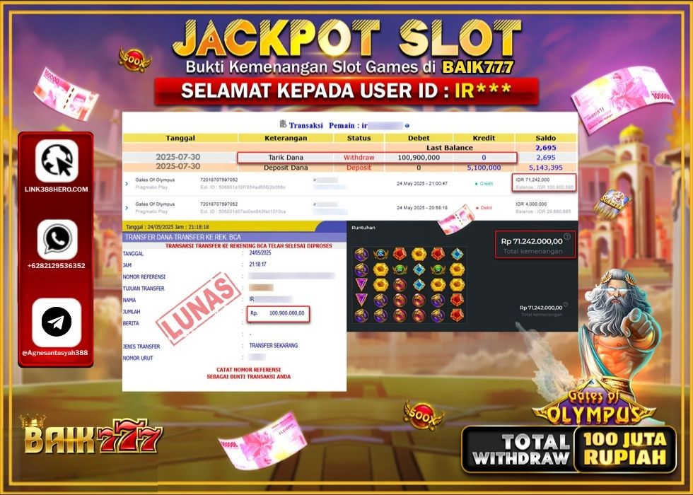 BAIK777 JACKPOT SLOT GATES OF OLYMPUS Rp.100.900.000.,- LUNAS