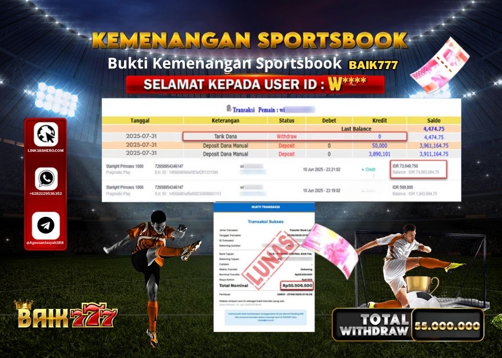 BAIK777 KEMENANGAN SPORTSBOOK Rp.55.000.000.,- LUNAS