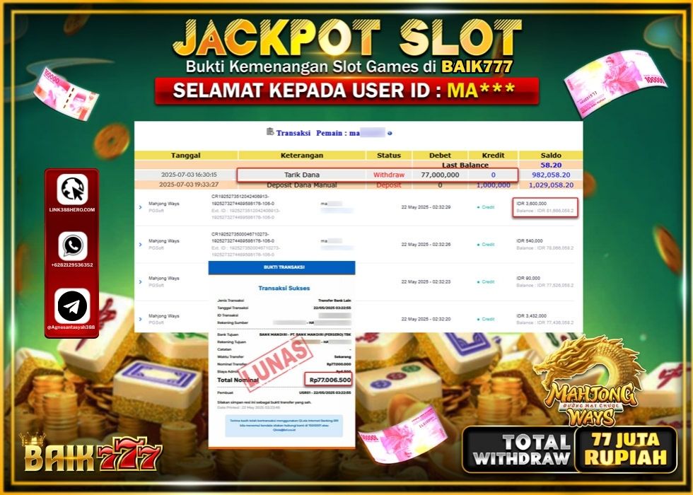BAIK777 JACKPOT SLOT MAHJONG WAYS Rp.77.000.000.,- LUNAS