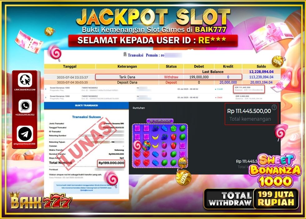 BAIK777 JACKPOT SLOT SWEET BONANZA 1000 Rp.199.000.000.,- LUNAS