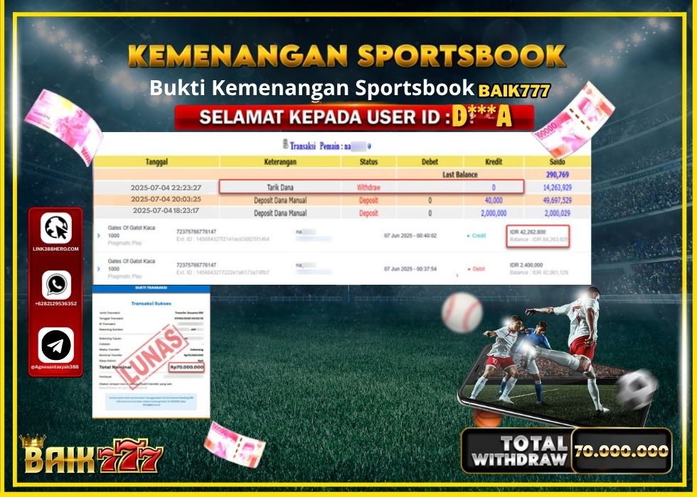 BAIK777 KEMENANGAN SPORTSBOOK Rp.70.000.000.,- LUNAS
