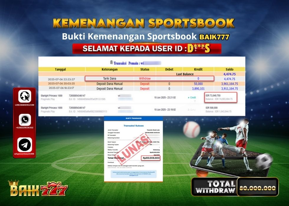 BAIK777 KEMENANGAN SPORTSBOOK Rp.80.000.000.,- LUNAS