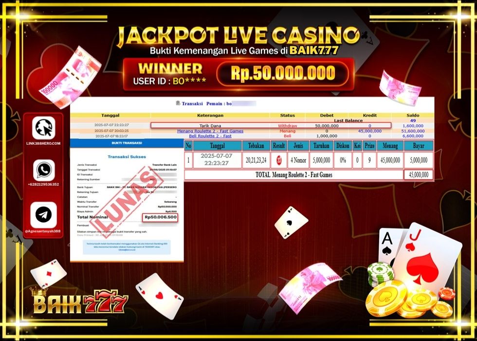 BAIK777 JACKPOT LIVE GAMES ROULETTE 2 - FAST GAMES Rp.50.000.000.,- LUNAS