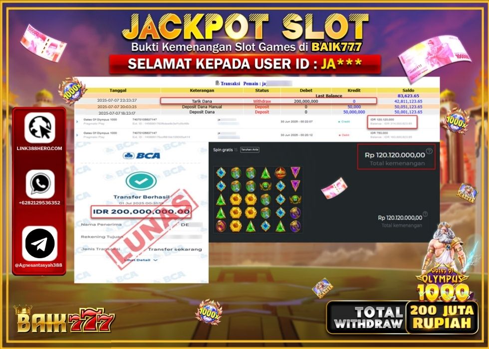 BAIK777 JACKPOT SLOT GATES OF OLYMPUSS 1000 Rp.200.000.000.,- LUNAS