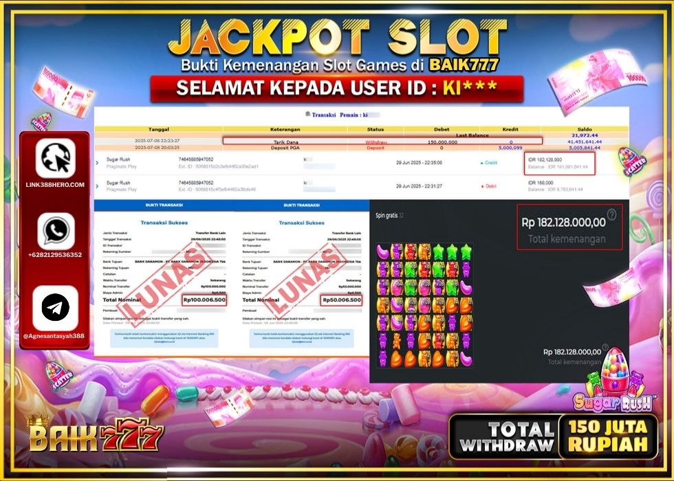 BAIK777 JACKPOT SLOT SUGAR RUSH Rp.150.000.000.,- LUNAS