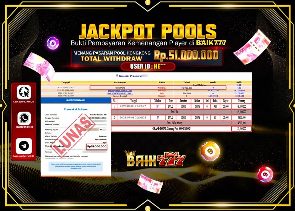 BAIK777 JACKPOT TOGEL POOL HONGKONG Rp.51.000.000.,- LUNAS