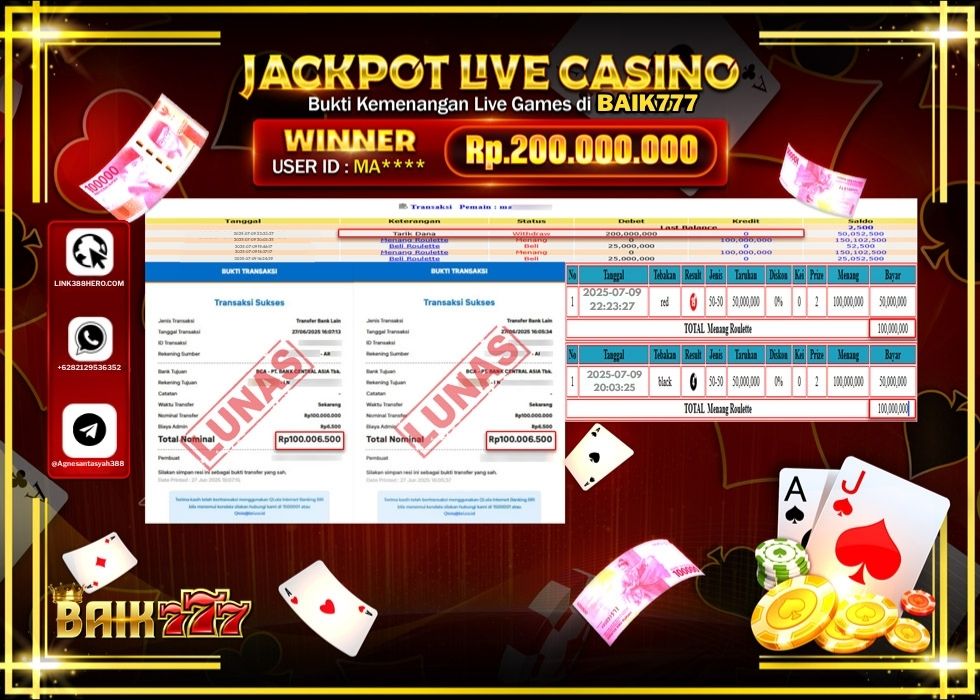 BAIK777 JACKPOT LIVE GAMES ROULETTE GAMES Rp.200.000.000.,- LUNAS
